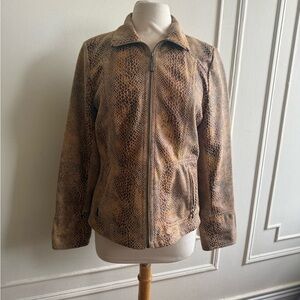 Tan and brown snakeskin  jacket with zipper closure and two pockets